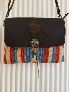 Myra Bag Aztec Striped Woven & Leather Crossbody Bag in Brown, Orange, Blue